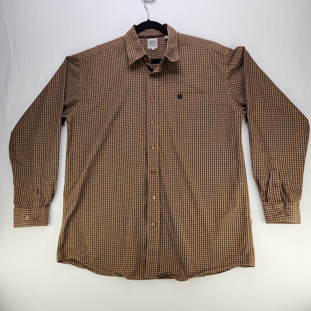 Cinch Shirt Men's Size Large Western Brown Plaid Print Button Up Long Sleeve